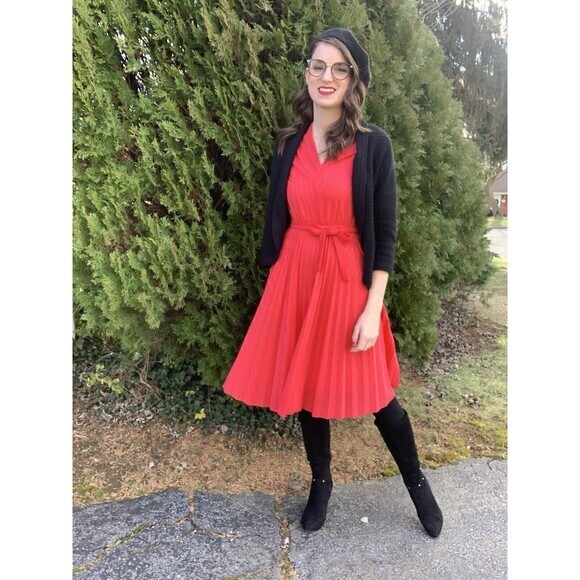 Vintage Secretary Dress Red Pin Stripe Flared Accordion Pleats Midi Tie Waist - Picture 1 of 11